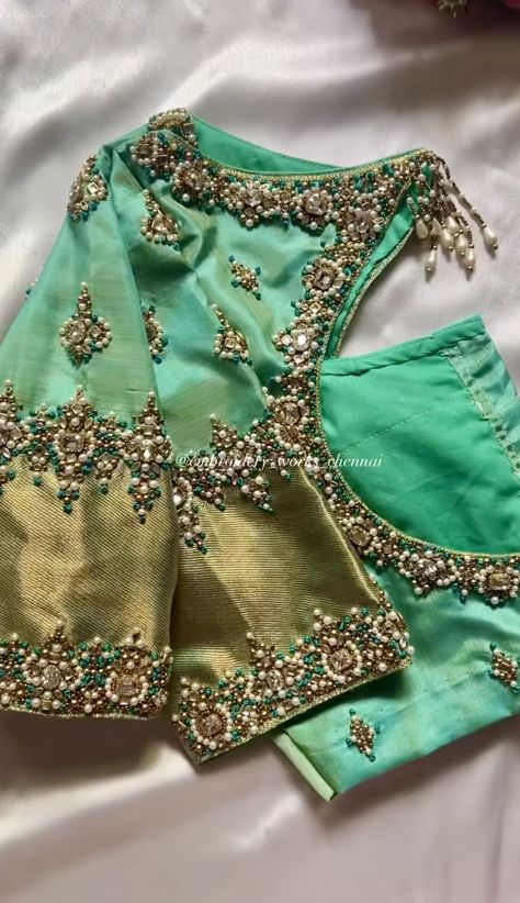 Aari Work For Green Blouse, Flared Blouse Design, Light Maggam Work Blouse Designs, Green Bridal Blouse Designs, Flower Aari Work Blouse Designs, Pearl Maggam Work Blouse Designs, Wedding Blouse Back Neck Designs, Latest Bridal Blouse Designs 2024, Flower Aari Work Designs