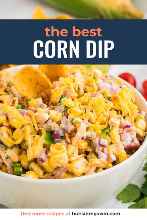 This cold corn dip is made with just a few easy ingredients and served cold. Mix it up in one bowl and dig in! It's one of the easiest dips you'll make and it easily feeds a crowd. Cold Corn Dip With Fritos, Easy Cold Corn Dip, Corn Dip Cold, Cowboy Corn Dip, Corn Dip With Fritos, Cold Corn Dip, Creamy Corn Dip, Cold Dip Recipes, Corn Dip Recipes