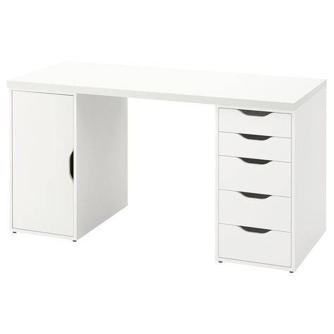 LAGKAPTEN / ALEX Desk, white, 551/8x235/8" This desk has a generous surface and practical storage for binders, paper pads and other things you want close at hand. The timeless, simple design blends in everywhere and with most styles. Behind the door is a shelf that you can move as needed. White Desk With Drawers On Both Sides, Study And Makeup Desk, Desk Ideas Ikea, White Desk Ideas, Cricut Desk Set Up, Ikea Desk Aesthetic, White Ikea Desk, Ikea Desk Drawers, Desk And Vanity In One