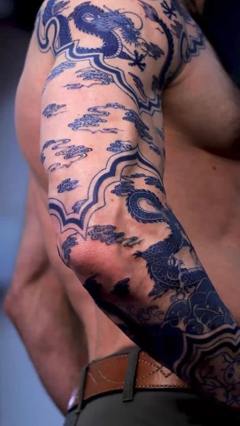 Discover 20 Top Tattoo Sleeve Fillers for 2024: Traditional to Trendsetting Ideas Tattoo Sleeve Fillers, Blue Dragon Tattoo, Blue Ink Tattoos, Tattoo Sleeve Filler, Bookish Tattoos, Torso Tattoos, Dragon Tattoo For Women, Norse Tattoo, 4 Tattoo