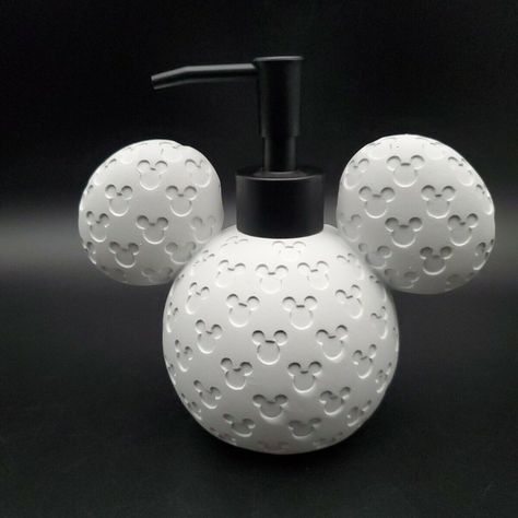 Disney Mickey Mouse (White) 3d Print Soap/Lotion Dispenser With Black Pump New. New Resin White Logo 3d Mickey, Minnie Mouse Disney Soap Dispenser. Black Pump. Approximate Dimensions: 6" H X 6"D X 3.75"W Dispenser Condition: Brand New. From A Smoke And Pet Free Home. Mickey Mouse Bathroom Decor, Disney Bathroom Ideas For Adults, Remove Bleach Stains, Mickey Bathroom, Mickey Mouse Bathroom, Disney House Ideas, Disney Character Makeup, Cement Home, Disney Bathroom