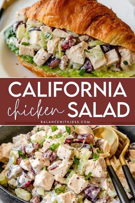 Check out this easy California chicken salad with grapes! A healthy copycat of the Whole Food's Sonoma chicken salad, this homemade California chicken salad has grapes, pecans and greek yogurt. It's perfect in a croissant sandwich and as healthy side dishes. California Chicken Salad, Sonoma Chicken Salad, Chicken Celery, Chicken Salad Croissant, Ranch Recipes, Cubed Chicken, California Chicken, Chicken Salad With Grapes, Croissant Sandwich