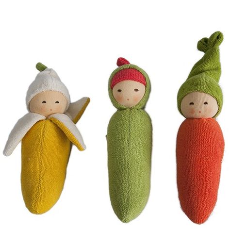 Fruit & Veggie Rattles made in Germany. Adorable! Organic Waldorf Baby Toys from Bella Luna Toys.