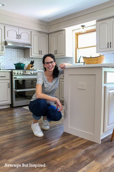 Transform Cabinet Doors To Shaker, End Cabinet Trim, Baseboards On Kitchen Cabinets, Cabinet Cover Panel, Trim Around Cabinet Base, Shaker Style Island Kitchen, Lower Cabinet Trim, Finishing End Of Kitchen Cabinets, Upgrade Cabinet Ends