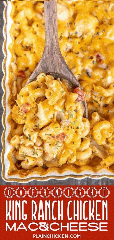 Overnight King Ranch Chicken Mac and Cheese - a new family favorite! It is on repeat in our house! It is like #chicken tetrazzini with #Velveeta and #Rotel. YUM! Just dump everything in the #casserole dish and refrigerate overnight. No boiling the noodles! Chicken, cream of chicken, cream of mushroom, milk, chicken broth, Velveeta, Rotel, taco seasoning, elbow macaroni and mexican cheese blend. Use a rotisserie chicken for quick prep. #texmex #mexican #freezermeal King Ranch Pasta, Chicken Rice Velveeta Recipes, King Ranch Mac And Cheese, Elbow Noodle Chicken Recipes, Chicken Ranch Macaroni And Cheese, Elbow Macaroni Casserole Recipes, King Ranch Chicken Pasta, Dinner Ideas With Elbow Noodles, Chicken Casserole With Velveeta Cheese