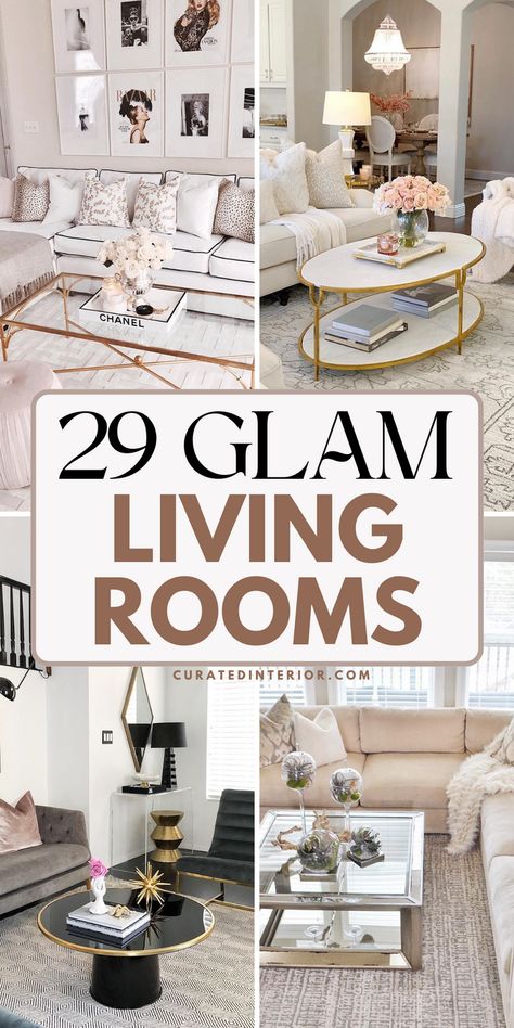 Elevate your living room with these glamorous decor ideas! From sparkling chandeliers to luxurious velvet sofas, these tips will help you create a chic, high-end look in your living space. Get inspired to add some glitz and glam to your living room. #glamdecor Glam Living Room Rug, Glam Interior Design Living Room, Glam Living Room Decor Apartment, Modern Glam Living Room Decor, Glam Chic Living Room, Cozy Glam Living Room, Glam Living Rooms, Hollywood Glam Living Room, Elegant Living Room Ideas