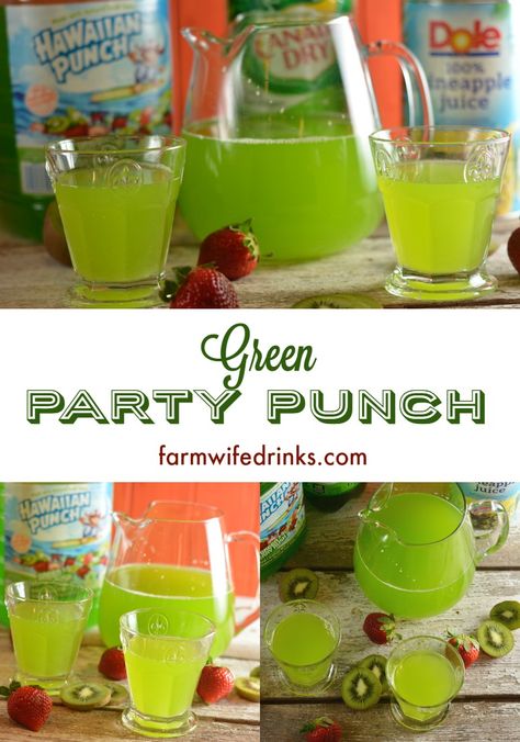 Looking for an easy green punch? This 3 ingredient green punch recipe is easy to make with Hawaiian punch, pineapple juice, and ginger ale and sure to be a favorite at a green-themed party. Sage Green Punch Recipe, Punch Recipes Alcholic Green, Green Alcoholic Punch For A Party, Dinosaur Punch Recipe, Green Punch For Kids, Green Drinks For Kids, Yoda Soda Recipe, Green Punch Recipes, Pool Diy