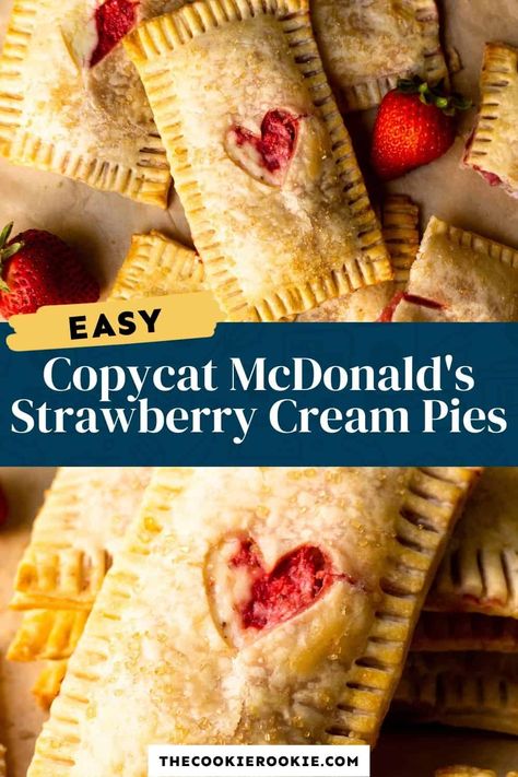 Copycat McDonald's Strawberry and Cream Mini Pies are the perfect breakfast or sweet treat! Crispy, crumbly pastry encasing a fresh strawberry and cream cheese filling makes a delicious combination. Mcdonald's Pie Recipe, Strawberry Cream Pie Mcdonalds, Mcdonald's Strawberry Cream Pie, Mcdonalds Strawberry Cream Pie, Strawberry Banana Pie, Strawberry Creme Pie, Strawberry Cream Pie Recipe, Strawberry Cream Cheese Filling, Strawberry Cream Cheese Pie