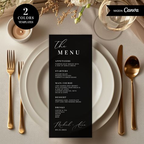 Elegant Black and White Menu Card Template 3.75"x 9" CUSTOMIZABLE CANVA TEMPLATE INSTANT DIGITAL TEMPLATE  Create a stunning dining experience for your guests with our Elegant Menu Card Template! Perfect for weddings, baby showers, bridal showers, engagements, and other sophisticated events, this customizable template will showcase your menu in style. Product Details: ⇨ Instant Download: Receive your template immediately after purchase. ⇨ Fully Editable: Customize the text, colors, fonts, and gr Luxury Wedding Menu Cards, Private Dinner Menu Design, Menu Card For Wedding, Menu Cards For Wedding, Black Menu Card, Menu Wedding Cards, Elegant Wedding Color Schemes, Dinner Menu Design, Diy Menu Cards