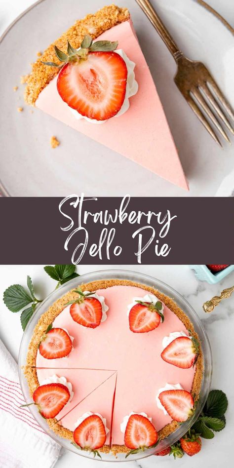 Cool and creamy strawberry Jello pie! This super easy no bake pie is made with just 4 ingredients and takes just minutes to put together. Jello Pudding Recipes, Strawberry Jello Pie, Jello Pie, No Bake Pie, Jello Flavors, Fancy Dishes, Homemade Graham Crackers, Dessert Bites, Strawberry Jello