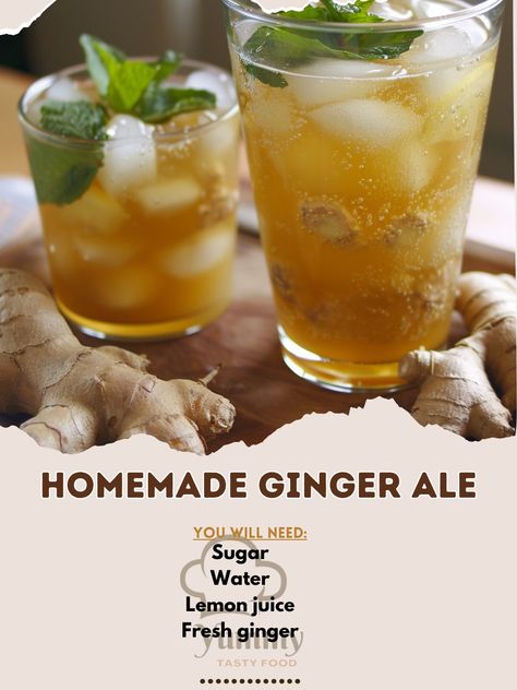 🍋 Refresh yourself with Homemade Ginger Ale! 🍹✨ #GingerAle #RefreshingDrink Homemade Ginger Ale Ingredients: Fresh ginger, grated (1/4 cup) Water (2 cups) Sugar (1 cup) Lemon juice (1/4 cup) Club soda (4 cups) Ice cubes Mint leaves for garnish Instructions: In a saucepan, combine grated ginger, water, and sugar. Simmer for 10 minutes. Strain ginger syrup and let cool. In a pitcher, mix ginger syrup, lemon juice, and club soda. Serve over ice and garnish with mint leaves. 🌟 Fizzy, refreshi... Gingerale Recipes, Ginger Ale Recipe, Homemade Ginger Ale, Lemon Juice Water, Cozy Fall Recipes, Ginger Water, Ginger Syrup, Festive Drinks, Club Soda