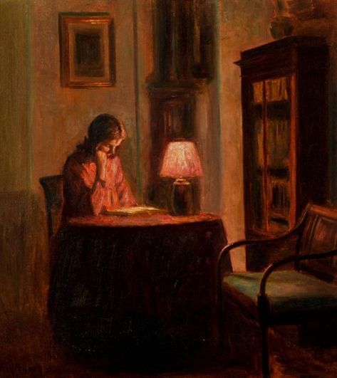 Books and Art — Interior with Woman Reading. Poul Friis Nybo...