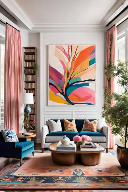 Painting In House Living Rooms, Luxury Bedroom Master Colorful, Paintings In The Living Room, Office Bright Colors, Lively Interior Design, Home Decor Bright Colors, Neutral Living Room With Pop Of Color Artwork, Living Room Paintings Ideas, Artwork Ideas For Living Room