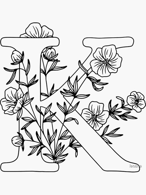 "K - Monogram Floral Botanical" Sticker by leoshe | Redbubble Hand Embroidery Patterns Free Printable Flowers, Embroderie Patterns Free, Floral Embroidery Patterns Templates, Hand Embroidery Patterns Free Printable, Mickey Mouse Template, Embroidery Patterns Free Templates, Floral Design Drawing, K Monogram, Flower Pattern Drawing