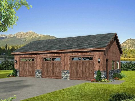 3 Car Garage Plan 51579 Elevation Three Car Garage Plans, Car Garage Plans, Garage Building Plans, 3 Car Garage Plans, Detached Garage Designs, Mountain House Plan, Three Car Garage, Garage Floor Plans, Mountain House Plans