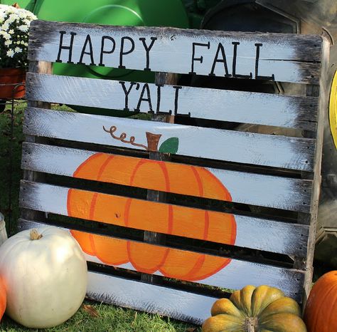 Ramblings of a Southern Girl: Painted Pumpkin Pallet & A Pumpkin Patch Visit Fall Pallet Projects, Fall Pallet Signs, Pallet Pumpkin, Fall Pallets, Home On A Budget, Fall Fest, Pallet Creations, Pallet Decor, Wooden Pallet Projects