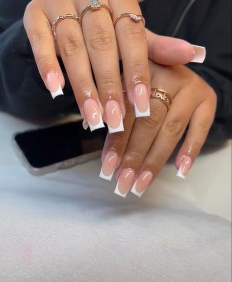 White Medium French Tip Nails, Long French Tips Square, French Tip 1.5, Frenchtips Nails Acrylic Square, Med French Tip Nails, Basic Full Set Nails, French Tip Nails With Design White, White French Top Acrylic Nails, Short Medium French Tip Nails