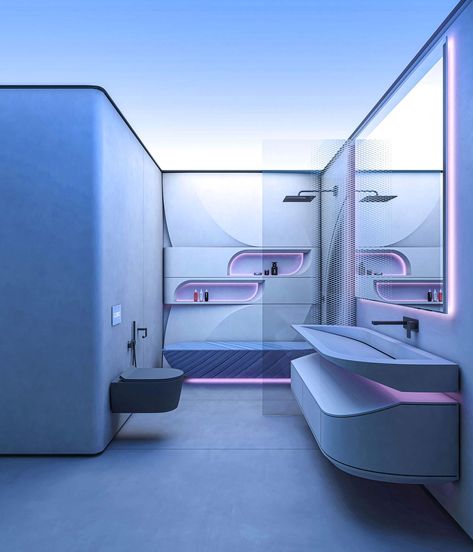 Minimalist Futuristic Interior Design, Futuristic Toilet, High Tech Interior Design, Futuristic Room Design, Alien Building, Futuristic Bathroom Design, Futuristic Home Design, Futuristic Living Room, Futuristic Apartment