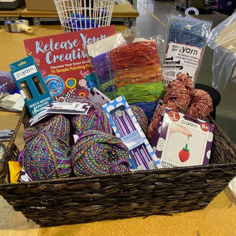 Build Your Own Yarn Gift Basket Gift Basket For Crochet Lovers, Scrap Yarn Basket, Arts And Crafts Raffle Basket, Art Gift Basket, Yarn In A Rustic Basket, Artisan Market Basket Crochet, Unique Yarn, Yarn Gifts, Themed Gift Baskets