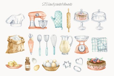 Watercolor Baking Art, Watercolor Recipes, Book Receipt, Cooking Watercolor, Watercolor Bakery, Bakery Clipart, Kitchen Illustration, Cooking Design, Garden Clipart