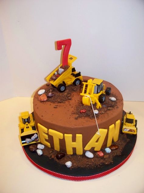 Russ looked at some pictures and decided he really like the construction theme, this is a fun cake! Digger Birthday Cake, Construction Theme Cake, Luca Party, Digger Cake, Choc Ganache, Construction Birthday Cake, Resipi Kek, Construction Cake, Chocolate Mud Cake