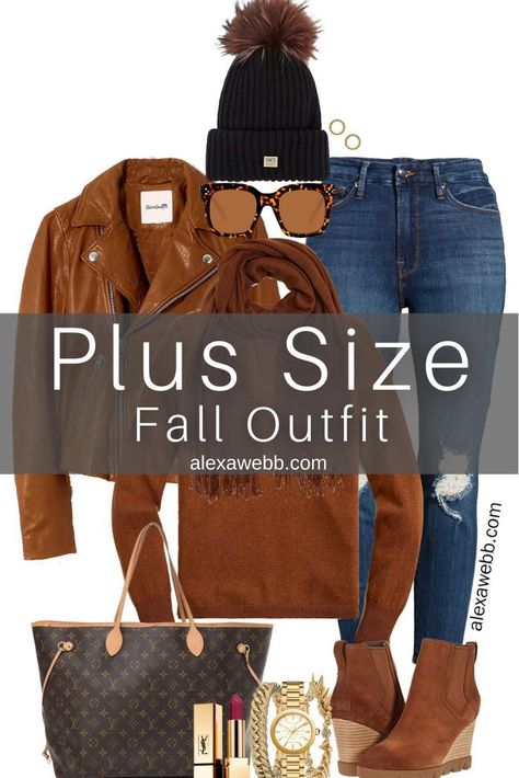 Plus Size Brown Leather Jacket Outfit with distressed skinnny jeans, cashmere sweater, scarf, and wedge booties - Alexa Webb Fall Night Out Outfit Plus Size, Brown Sweater Outfit Fall, Brown Boots Women Outfit, Wedge Booties With Jeans, Fall Outfits For Plus Size Women, Plus Size Date Night Outfits Fall, Brown Leather Jacket Outfits Women, Brown And Beige Outfit, Plus Size Fall Outfits Big Stomach