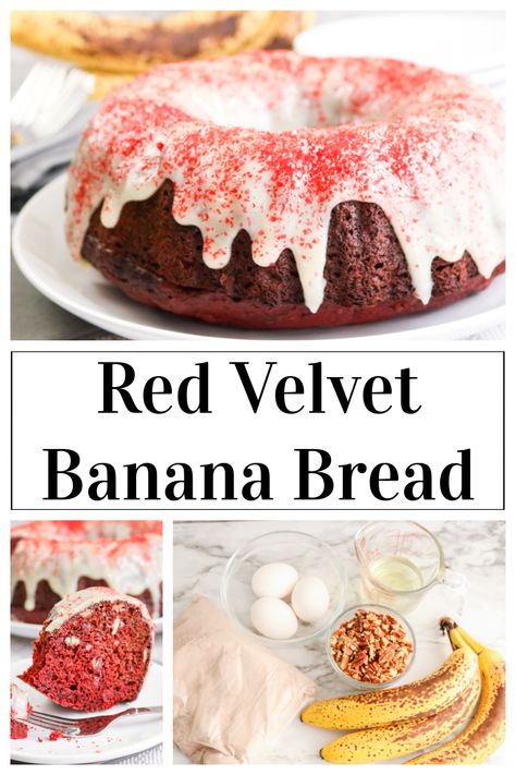 Red Velvet Banana Bread - My Suburban Kitchen Red Velvet Banana Bread, Cake Mix Banana Bread, Red Velvet Bundt Cake, Banana Bundt Cake, Red Velvet Cake Mix, Tasty Bread Recipe, Bundt Cake Pan, Banana Cake Recipe, Bundt Cakes Recipes