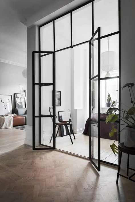 Beautiful small spaces solutions in a Scandinavian home tour | ITALIANBARK Pintu Interior, Scandinavian Apartment, Glass Walls, Glass Partition, Minimalism Interior, Scandinavian Interior, Scandinavian Home, Interior Door, Glass Doors