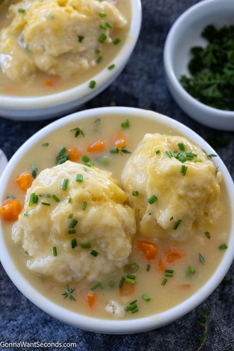 Chicken And Dumplings Using Bisquick, Original Bisquick Dumpling Recipe, Bisquick Chicken And Dumplings Recipe, Bisquick Dumplings Recipe, Bisquick Dumplings, Impossible Pies, Fluffy Dumplings, Bisquick Chicken, Dumpling Recipes