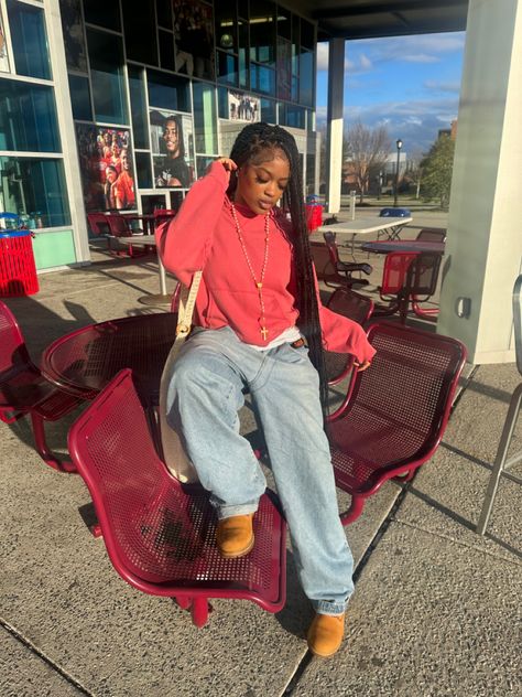 streetwear, timbs, timberlands, baggy jeans, cross, necklace, boho island twists, island twists, fit, black girl, fit check, pink hoodie, 90s fashion Pink Timberlands Outfit, Timbs Outfits, Timberland Outfit, Pink Timberlands, Timberlands, Pink Fits, Swaggy Outfits, Necklace Boho, Pink Hoodie