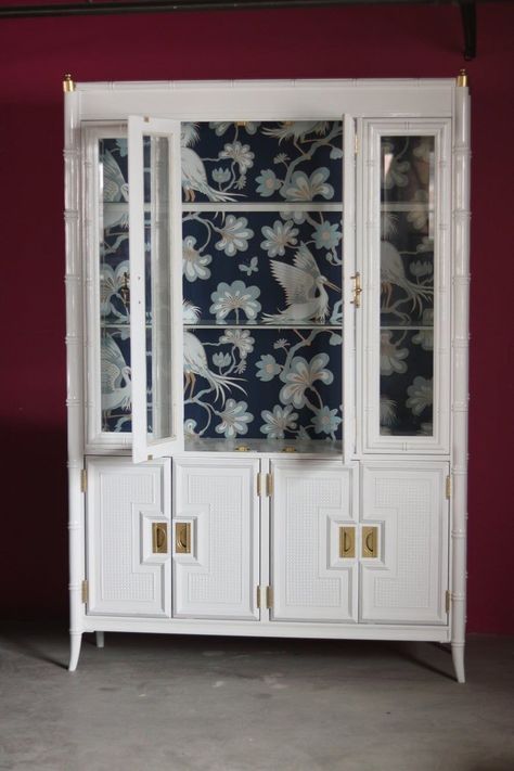 Bamboo China Cabinet, China Cabinet Makeover, Painted Bamboo, China Hutch, Beautiful Dresser, Navy Wallpaper, Bamboo Furniture, Chinoiserie Wallpaper, Furniture Rehab