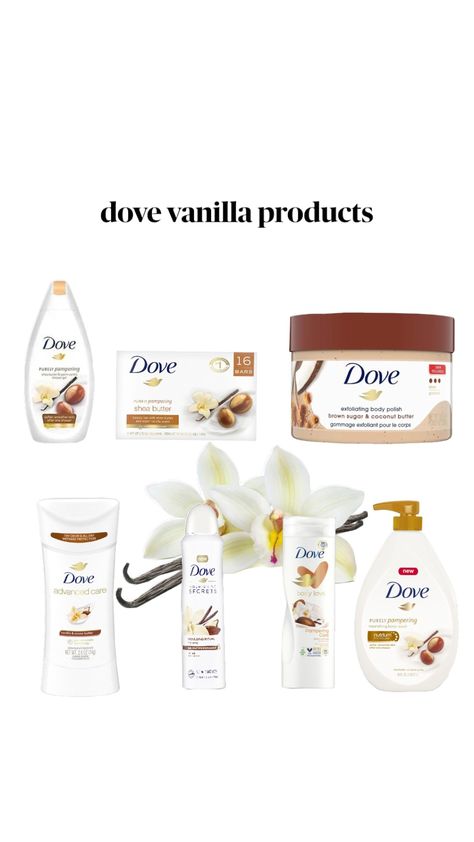 vanilla scented dove products. #dove #vanilla #vanillagirl Vanilla Scented Body Products, Dove Vanilla Body Scrub, Dove Body Scrub Vanilla, Dove Vanilla Products, Dove Vanilla Shampoo, Dove Shower Routine, Vanilla Self Care Products, Vanilla Sents, Vanilla Scented Products