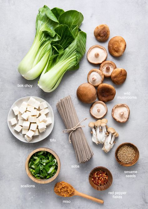 A hearty and delicious Soba Noodle Soup recipe with bok choy, mushrooms, tofu, and green onions in a miso broth comes together in under 30 minutes! Vegan and gluten-free recipe. #vegan #plantbased #healthyrecipes #veganrecipes Soba Noodle Soup Recipe, Vegan Soba Noodle Recipe, Asian Broth Soup, Soba Recipes, Homemade Miso Soup, Soba Soup, Soba Noodle Soup, Miso Recipes, Okinawa Diet