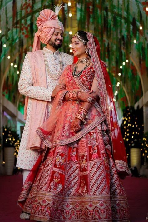 Wedding Dresses Couple Indian, Bride And Groom Indian Wedding Outfit Matching, Indian Couple Wedding Outfit, Rajasthani Wedding Dress, Wedding Couple Dress Indian, Couple Clothes Matching Wedding, Couple Dress Matching Indian Wedding, Couple Dress Ideas, Indian Wedding Lehenga Bridal