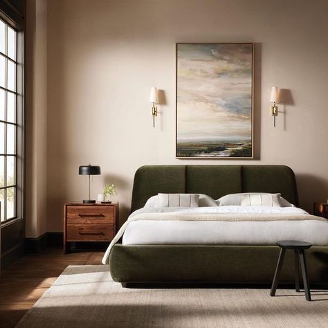 Modern Bedroom Upholstered Bed, Arhaus Kinnan Bed, Green And Neutrals Bedroom, Green Bed Master Room, Bedroom With Green Velvet Bed, Olive Green Headboard Bedroom Ideas, Olive Green Velvet Bed, Olive And Beige Bedroom, Green Bedframe Bedroom Ideas