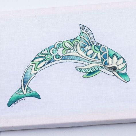 Trish Burr Embroidery, Long Short Stitch, Dolphin Embroidery, Trish Burr, Humans And Nature, Long And Short Stitch, Hand Embroidery Tutorial, Shades Of Teal, Sea Theme