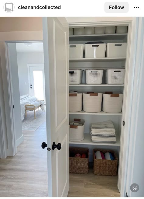 Hallway Utility Closet, Small Hallway Linen Closet Ideas, Small Linen Closet Ideas Hallways, Open Bathroom Closet Ideas Storage, Linen Closet Inspiration, Home Organization Linen Closet, Hallway Cupboard Storage Ideas, Farmhouse Linen Closet, Linen Closet Remodel