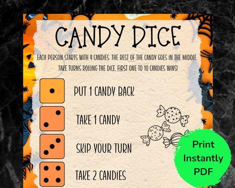 Candy Dice Game Halloween Party Games Candy Game Kids - Etsy Halloween Party Ideas For Elderly, Halloween Games For Family, Halloween Games For Seniors, Halloween Games For Adults Party, Halloween Party Activities For Adults, Halloween Activities For Adults, Halloween Party Games For Teens, Halloween Dice Game, Halloween Activities For Teens