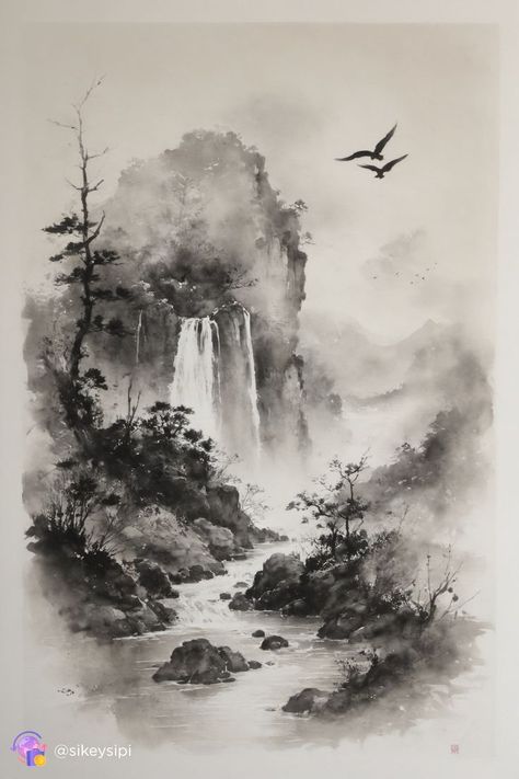 Immerse yourself in the aesthetics of Japanese ink drawing, where whiteness blends with beauty in proportions of 1.4. A masterpiece of art, best quality - every line is drawn with love and meticulousness. Japanese Graphics, Charcoal Artwork, Japanese Ink Painting, China Ink, Zen Painting, Asian Landscape, Sketches Of Love, Chinese Art Painting, Japanese Drawings