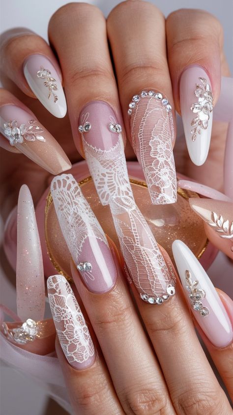 Discover stunning wedding nail designs perfect for your big day! 💅💖 From delicate lace patterns and soft pastel shades to sparkling rhinestones and floral motifs, these bridal nail ideas are sure to add a touch of elegance and romance to your wedding look. Whether you prefer glossy or matte finishes, these sophisticated and intricate designs will make your nails shine as bright as your love 🌸💎👰‍♀️      #nails #summerNails #nailDesign #nailDesigns #NailArt #weddingNails  #nailTips #nailsInsp Lace Nails Designs, Bridal Nail Ideas, Lace Wedding Nails, Wedding Nail Designs, Lace Nail Design, Wedding Day Nails, Bridal Nail, Lace Nails, Wedding Nail