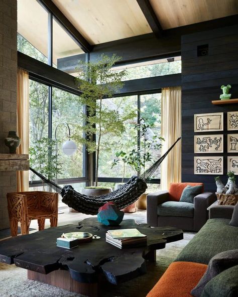 Indoor Hammock, Organic Modern Decor Living Room, Design Salon, Organic Modern Decor, Wooden House, A Living Room, Guest Bedrooms, Step Inside, Maine House