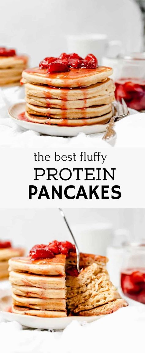 Wheat Flour Pancakes, Fluffy Protein Pancakes, Whole Wheat Pastry Flour, Healthy Protein Pancakes, Best Whey Protein Powder, Protein Powder Pancakes, Baking With Protein Powder, Pancakes For Dinner, Strawberry Pancakes