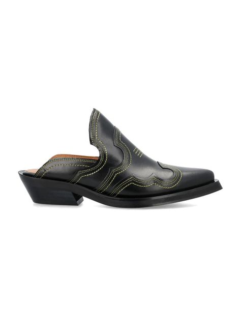 Leather Embroidered Western mules by Ganni.Featuring:Pointed toeCuban heelOpen heelEmbroidered design detailsHeel: 4 cmGender: WomenMaterial: 100% leather Sole 100% rubberColor: BLACK YELLOWMade in: PTProduct ID: 23AS19954911#864*Import tax/duty will be calculated at checkout (If applicable) Western Mules, Cuban Heels, Embroidered Leather, Open Toed Heels, Cowboy Boot, Embroidered Design, Luxury Retail, Mules Shoes, Favorite Jeans