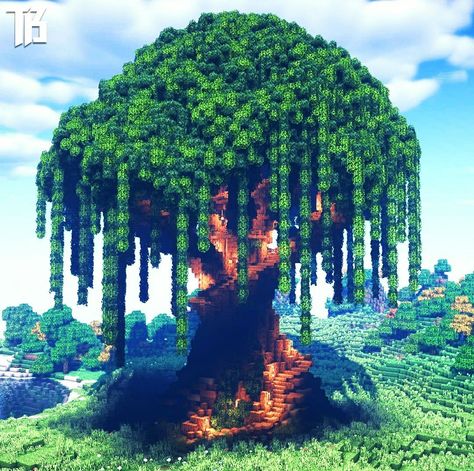 Tree Builds Minecraft, Giant Treehouse Minecraft, Large Tree Minecraft, Minecraft Big Tree House, Tree Base Minecraft, Minecraft Giant Tree House, Wisteria Tree Minecraft, Minecraft Elven Building Ideas, Big Tree Minecraft Build