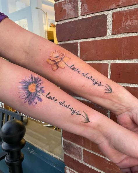 Matching Inspired Aster Flower Tattoo Family Forearm Tattoos For Women, Watercolor Aster Tattoo, Aster And Marigold Flower Tattoo, Aster Flower Tattoo Color, Aster Flower Tattoo With Name, Birth Flower Tattoos Ideas Families Forearm, Mom Quotes Tattoos, Memorial Flower Tattoo, Baby Name Tattoo Ideas