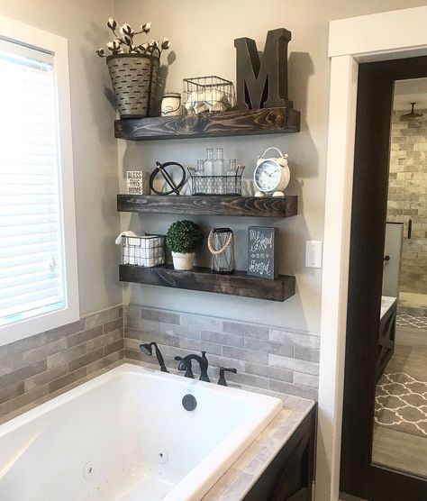 30 Outstanding Floating Shelves Bathroom Ideas Bathroom Shelves Over Tub Master Bath, Floating Shelves Above Bathtub, Shelves Above Tub, Shelves In Bathroom Above Toilet, Bathroom Floating Shelves Above Toilet, Shelves Above Bathtub, Bathroom Shelves Over Tub, Farmhouse Bathtub, Floating Shelves Ideas