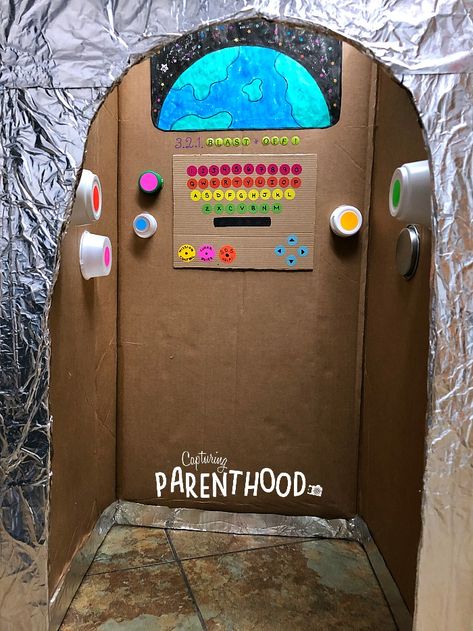 Cardboard Rocket Ship - Interior! Rocket Out Of Cardboard, Space Rocket Diy Cardboard Boxes, Cardboard Box Spaceship Diy, How To Make A Cardboard Rocket Ship, Astronaut Box Craft, Rocket Ship Box Diy, Diy Rocket Ship Cardboard Space Party, Rocket Ship Out Of Boxes, Spaceship Box Cardboard