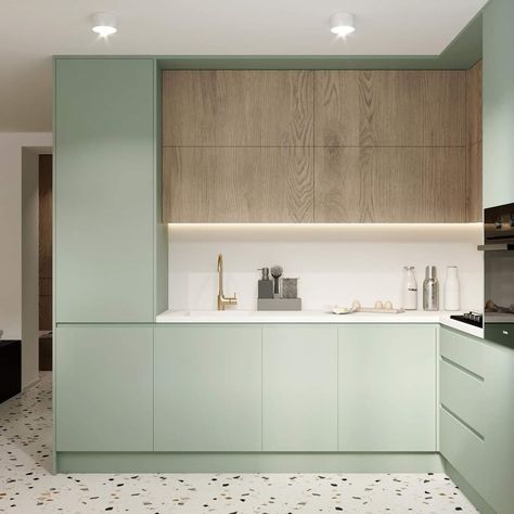 Green Kitchen Cabinets Modern, Pale Green Kitchen, Mint Kitchen, Wallpaper Kitchen, Kitchen Modular, Wall Decor Kitchen, Organizer Kitchen, Modern Kitchen Cabinet Design, Sink Kitchen