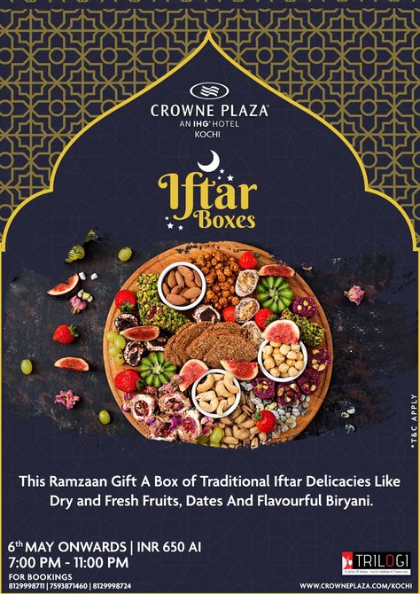 Share the joy and good wishes this Ramzan with a specially curated Iftar Box by Crowne Plaza Kochi. We have handpicked some of the most traditional Ramzan goodies like a collection of dry fruits, fresh fruits, dates and other delicacies. A portion of flavourful biryani and assorted fruit juices makes this box an ideal way to celebrate the spirit of Ramzan.  For details, call: +91-8129998711    #crowneplaza #kochi #trilogi #food #tasty #sumptuous #traditional #iftarbox #gourmet #ramzan #iftar Iftar Box Ideas, Ramadan Package, Ramzan Iftar, Iftar Buffet, Restaurant Plan, Food Banner, Restaurant Marketing, Fruit Juices, Food Drive