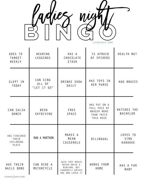 Ladies Night Out Bingo Icebreaker Printable - Canary Jane Ladies Night Game Ideas, Womens Night In Party Ideas, Girl Games, Ladies Night Out Ideas, Ladies Night Ideas Games, Ladies Game Night, Wine Night Games, Ladies Get Together Ideas, Ladies Night In Ideas